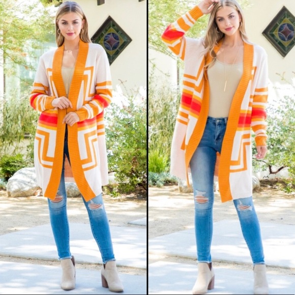 🧡Amazing tribal pattern open cardigan in cream+orange+gold | Size M - Picture 5 of 12